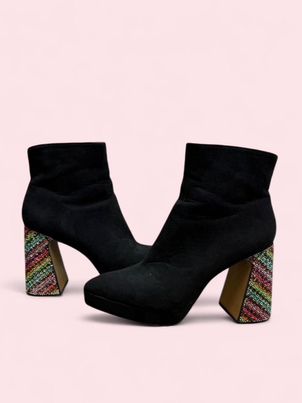 Betsey Johnson Raylan Black Suede Rainbow Rhinestone Heel Platform Ankle Boots